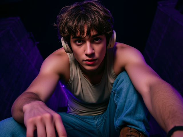 Sceencap of a Maori, European, 18 year old male, fit bodytyoe, with greyish blue eyes, mid-length shaggy layered curly hair, with curly brown fringe covering forehead, silver eyebrow piercing, silver earring on left ear, slightly visible mustache  wearing a beige tank top, blue baggy jeans, and brown leather boots., with beige headphones on wide angle, full body portrait, hiding from killer