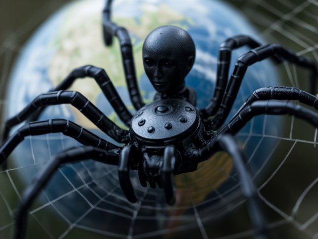 une araignee robot de métal noir avec tete humaine tissant sa toile autour du globe terrestre,  en allusion au Web. le globe sera en vue partielle et en gros plan