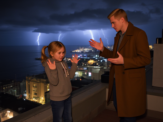 A petite 13-year-old girl with strawberry blonde hair in a ponytail, wearing a hooded pullover and jeans, is standing on the roof ledge of a night club. Next to her on the roof, standing nearby is a modern-day, pale skinned vampire in his late twenties, with blonde hair, dressed in a brown trench coat and jeans. He appears uneasy as he looks at her, holding his hands out and palms up, taking a step back. The girl gestures angrily at him with her hands, flailing her arms and scowling angrily at him in frustration. A thunderstorm approaches the cityscape from the sea shore. Set at night. The girl has a cut in her forehead.