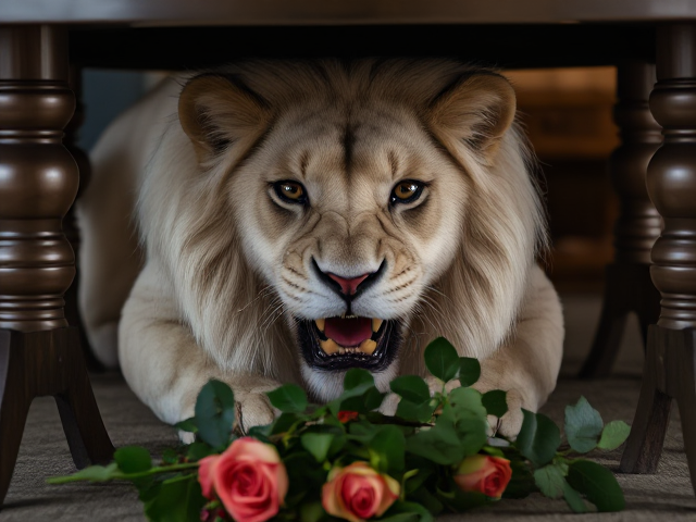 A male white lion hiding under a table looking angry and snarling with a vase of roses knocked over in front of him