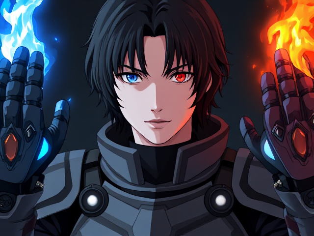 Young adult male with medium to long black hair and his left eye is blue and his right eye is red with futuristic armor and futuristic gauntlet that’s on the left shoots ice and the right shoots fire, anime