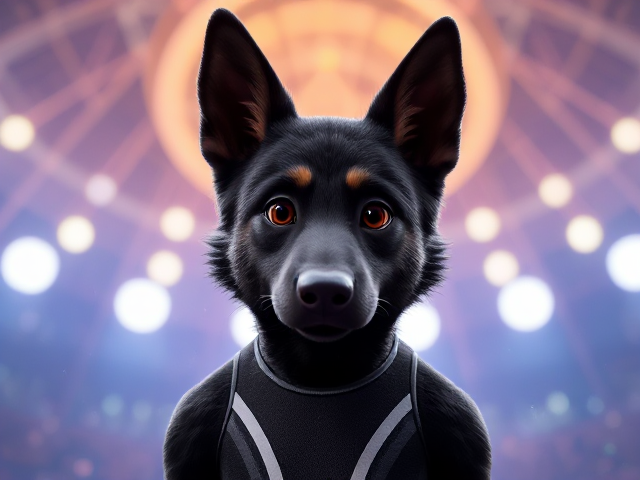 A anthropomorphic black German shepherd Olympic gymnast wearing a leotard