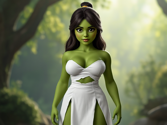 Create image of green She-Hulk wearing a badly ripped white dress standing.