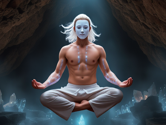 Homme torse nu en lévitation, porte un masque blanc sans visage,porte un pantalon traditionnels chinois, cheveux blancs et longs flottant autour de lui, lumières vibrantes courant le long de tout les méridiens chinois sur un corps, y compris les bras et la tête, iridescent et légèrement translucide révélant un réseau complexe de lumière intérieure. Il est assis en position du lotus dans une ambiance mystique et lumineuse, mettant en avant l'énergie vitale et la spiritualité. Environnement d'une grotte remplie de cristaux scintillants en arrière-plan, avec une douce brume accentuant l'atmosphère spirituelle. Détails raffinés des muscles illustrant l'harmonie entre le physique et le spirituel