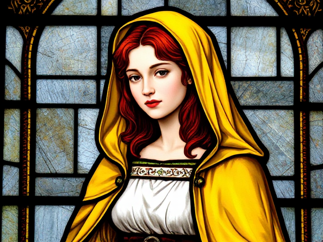 Medieval stained glass of a red headed young woman wearing a bright yellow cloak and white tunic with a flame covered veil.