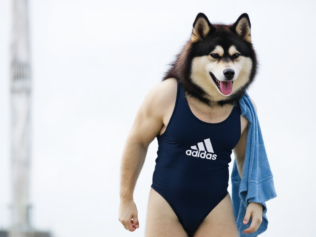 A tall anthropomorphic Alaskan malamute wearing an adidas swimsuit drying off with a towel