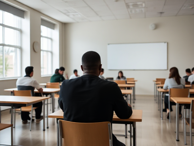 Un étudiant noir assis à un bureau, dans une salle de classe lumineuse et moderne avec des tables et des chaises en bois, des fenêtres grandes laissant entrer beaucoup de lumière naturelle, un tableau blanc au mur, d'autres étudiants concentrés autour