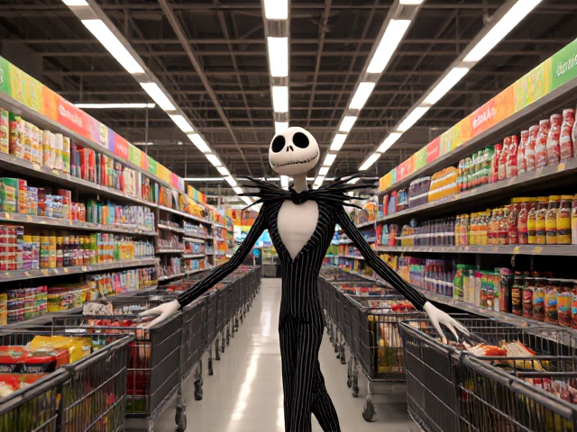 Jack Skellington, vêtu de son costume iconique, explorant les allées d'un supermarché moderne, éclairage fluorescent, chariots remplis de produits variés, ambiance animée
