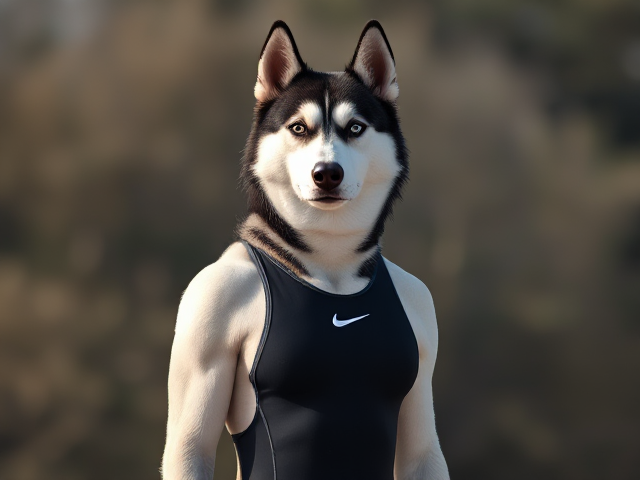 A tall Siberian Husky with a long torso and broad shoulders wearing a high cut Nike one piece swimsuit and swimming goggles