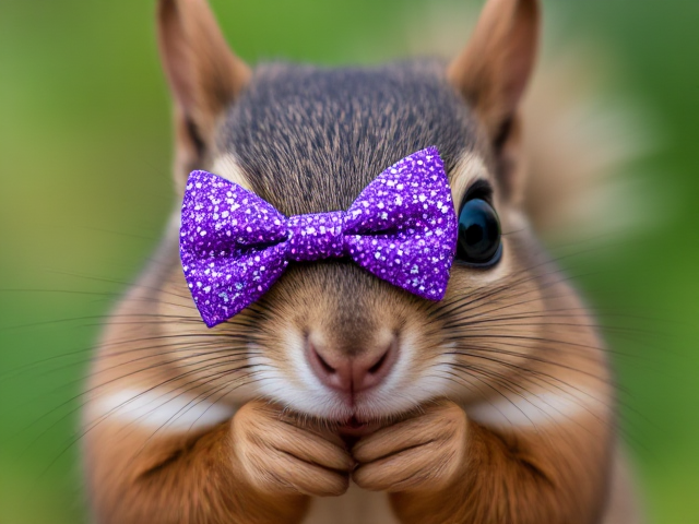 A repulsively cute squirrel with huge, glistening watery blue eyes and big eyelashes, wearing a sparkly purple bow. The squirrel has its paws tucked under its chin, head cocked slightly to the side. It has brown fur and two big front teeth, with the background set in Minneapolis MN