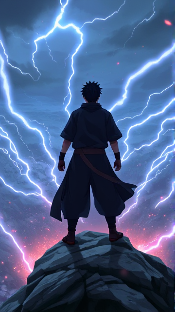 Image of black haired shinobi from world of "Naruto" standing alone on top of the mountain and throwing lighting bolts at ninja enemies approaching him from all sides.