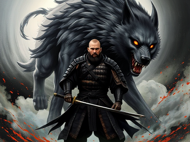 a dynamic and dramatic scene featuring a lone samurai with a stern expression, standing with a drawn katana. His armour is intricate and dark, with flowing details, and he has a bald head with a bushy beard. Behind him looms a massive, spectral wolf with glowing orange eyes, its form blending into a swirling, smoke-like background. Splashes of fiery orange embers and glowing streaks contrast against the monochromatic palette of black, white, green, and red. The art style should resemble a Japanese painting with high detail, bold strokes, and a mix of realism and fantasy, evoking an intense and mystical atmosphere.