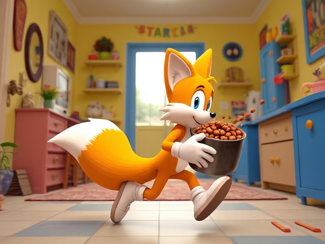 A side shot of A young and adorable depiction of a smaller, younger version of Miles "Tails" Prower the two tailed fox wearing gloves and white socks. He is running through a brightly lit, colorful house with playful decorations and furniture, carrying a GIANT pot of baked beans that he totally didn't steal. Beans are splashing out of the pot as Tails mischievously looks behind him to ensure he isn't being chased. His two fluffy tails are flowing behind him dynamically, adding to the sense of motion and excitement in the scene.