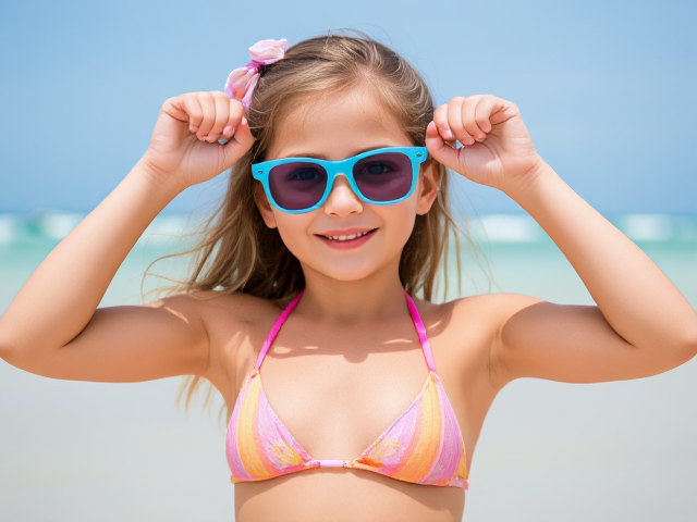 Little girl in a bikini glasses