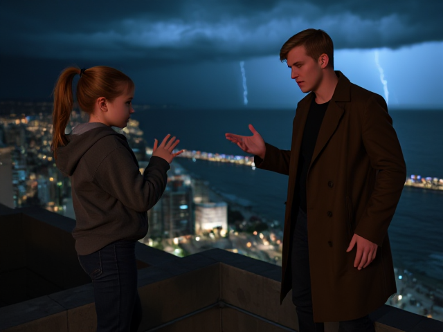 A petite 13-year-old girl with strawberry blonde hair in a ponytail, wearing a hooded pullover and jeans, is standing on the roof ledge of a night club. Next to her on the roof, standing nearby is a modern-day, pale skinned vampire in his late twenties, with blonde hair, dressed in a brown trench coat and jeans. He appears uneasy as he looks at her, holding his hands out and taking a step back. The girl gestures angrily at him with her hands, flailing her arms and with a scowl on her face. at him in frustration. A thunderstorm approaches the cityscape from the sea shore. Set at night. The girl has a cut in her forehead.