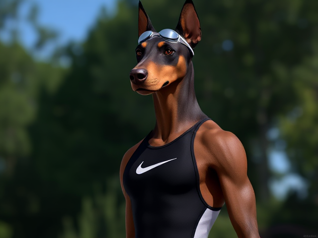 A tall anthropomorphic Doberman with a long torso and broad shoulders wearing a high cut Nike one piece swimsuit and swimming goggles