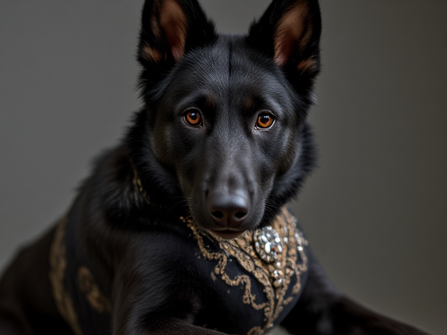 Anthropomorphic black German shepherd with expressive eyes and a glossy coat, wearing a highly detailed and intricately designed gymnastics leotard with intricate patterns and sequins, dynamic pose capturing motion, high detail with realistic lighting and shadows, vibrant colors accentuating the scene, lifelike fur texture with individual strands visible