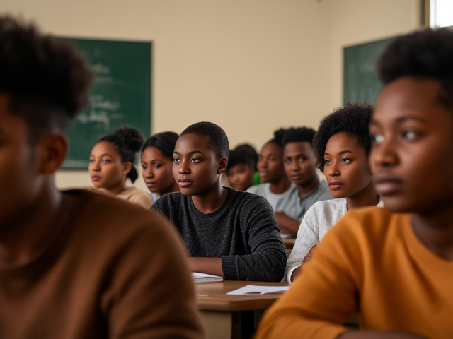 Élèves afro-américains dans une salle de classe, ambiance studieuse et chaleureuse, tableau noir avec écriture visible, lumière naturelle entrant par la fenêtre