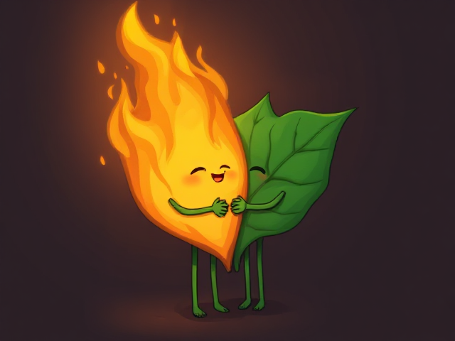 Leaf with two legs and two arms hugging a flame with two arms and two legs