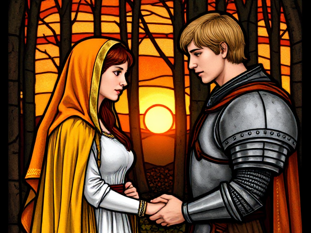Medieval stained glass of a red headed teen girl wearing a bright yellow cloak and white tunic with an orange veil marrying a blonde male knight in the forest at sunset.