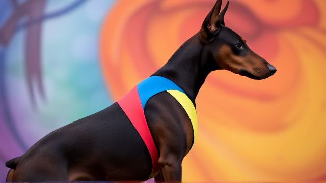 Doberman wearing a colorful leotard, standing gracefully, focus on hips, in a vibrant setting