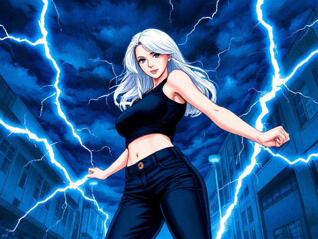 Page couleurs teintes bleues. Éclaires foudre.
Fille en pantalon noir et croctop noir, cheveux blancs yeux bleus, cheveux longs, elle fait des éclaires, et détruis tout.
Page de manga en couleur. Peint à l’aquarelle 
Effets de lumiere bleu, sombre, fille adulte, cheveux détaché