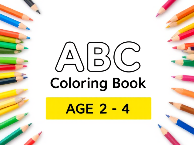 Create a cover page with a plain white background. The title should say 'ABC Coloring Book,' and below it, a yellow bar should display 'AGE 2 - 4' in bold letters. Surround the page with colorful pencils arranged playfully around the edges. Keep the design minimal, clean, and child-friendly."