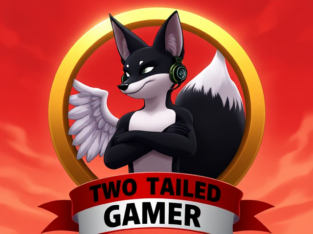 A two-tailed fox with black fur and white accents on his muzzle, stomach, and ears. He is standing inside a giant golden ring with angel wings on the sides. The fox is clearly visible, has his arms crossed, and wears a gaming headset. Beneath the ring is a red and white banner that says “Two Tailed Gamer” in bold black text. The background sky is bright crimson red.