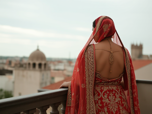 Indian woman in traditional Nikkah clothing with back turned on a balcony roof