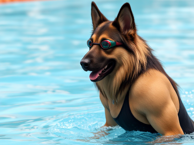 A anthropomorphic long haired German shepherd Olympic swimmer with a long torso, wearing a one-piece swimsuit and swimming goggles