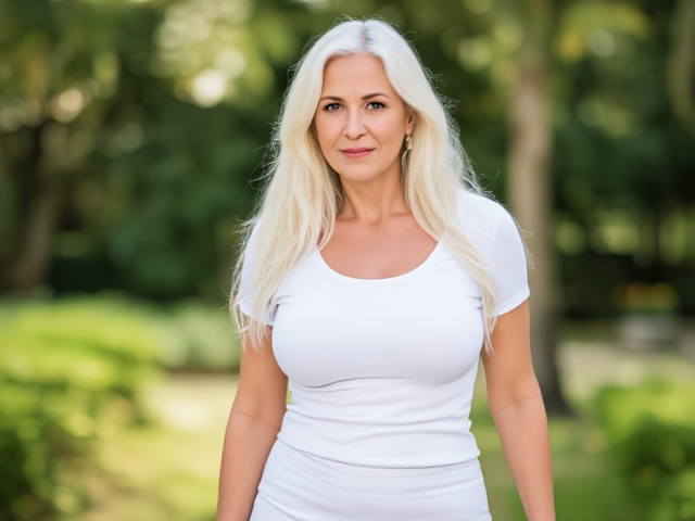 a woman aged 45, long white hair, wearing a  tight white t shirst and short skirt. she has large breasts.