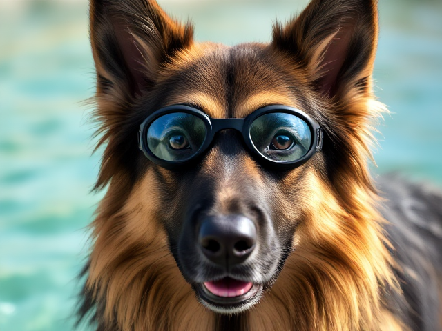 A long haired German shepherd wearing swimming goggles
