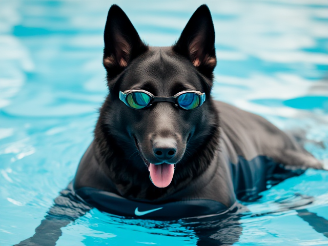 Anthropomorphic black German shepherd, wearing a sleek Nike swimsuit and professional swimming goggles