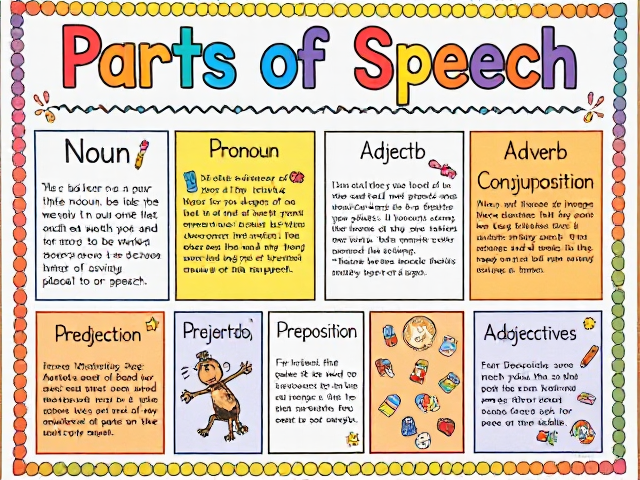Design a colorful and decorative poster for a fifth-grade class project on the "Parts of Speech." The poster should be divided into eight sections for the following: Noun, Pronoun, Verb, Adjective, Adverb, Preposition, Conjunction, and Interjection.

Each section must include:

A big, bold title (e.g., “Noun”) in an artistic and colorful font.
A clear definition of the part of speech, written in an easy-to-read and decorative style.
Examples (2-3 for each) placed below the definition.
Decorations and illustrations matching each part of speech:
For Nouns: Pictures of objects like a dog, tree, or book.
For Verbs: Images of actions like running or jumping.
For Prepositions: Arrows or simple diagrams showing relationships (e.g., “on the table”).
For Adjectives: Illustrations of colorful or descriptive items like a rainbow or happy face.
The design should include:

Borders: Add decorative, colorful borders around the entire poster or each section.
Backgrounds: Use pastel or gradient-colored backgrounds for each section.
Stickers and Icons: Include small stickers, icons, or glitter-like effects to make it engaging.
Layout: Organized into either a grid or rows, ensuring each section is balanced.
The overall poster should look vibrant, fun, and creative while still being clear and easy to understand. Perfect for impressing teachers with effort and design!