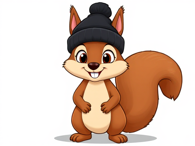 Cartoon-style squirrel character, standing upright, wearing a black beanie, vibrant colors, cheerful expression, detailed fur texture