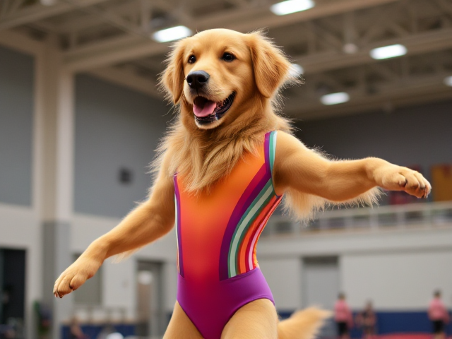 Anthropomorphic golden retriever wearing a colorful gymnastics leotard, performing in a gymnasium with dynamic poses, detailed fur and expression