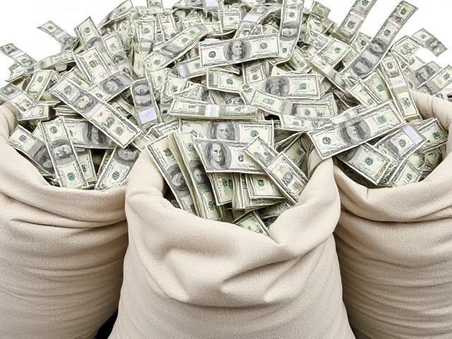 Add large money sacks spilling over with bundles of U.S. dollar bills. Place the sacks at the bottom of the image, ensuring they look full and overflowing. The dollar bills should vary in position, with some scattered outside the sacks for a natural, realistic look. Use clear details to show the denominations on the bills and add subtle shadows to enhance depth. The sacks should have a soft beige or grayish texture, with creases and folds for realism, blending seamlessly with the other elements.