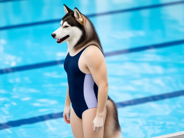 A tall ((anthropomorphic)) Siberian husky Olympic swimmer wearing a one piece swimsuit standing on the pool deck