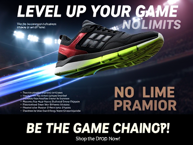A bold and action-packed advertisement for boys’ sneakers designed to make a statement on and off the field. The sneakers are showcased as performance-enhancing footwear, featuring dynamic elements like angular shapes, glowing stripes, and sporty colorways such as metallic red, charcoal black, and vibrant lime green. The sneakers appear mid-air, trailing glowing lines and energy waves, as if they’re propelling through a sports arena. The background captures the intensity of a live game, with dramatic spotlights, cheering crowds, and a hazy atmosphere that exudes energy and excitement.

Key phrases like 'LEVEL UP YOUR GAME' and 'NO LIMITS' are displayed in bold, athletic-style fonts with a modern twist, surrounded by motion effects like speed lines and glowing highlights. Close-ups focus on premium features, such as shock-absorbent soles, breathable uppers, and reinforced support, while the ad integrates exciting scenarios like sprinting, dribbling, or kicking. The color palette combines deep blacks with vivid bursts of neon, creating a high-energy, futuristic vibe that resonates with a competitive, sporty audience.

The ad ends with a clear call-to-action like 'Be the Game Changer' or 'Shop the Drop Now!' written in bold, glowing fonts at the bottom, accompanied by a scannable QR code or clickable link for immediate purchasing options. This dynamic, action-driven design makes the sneakers the ultimate choice for boys who aim to stand out and dominate."