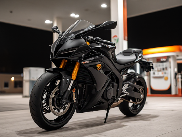 Black and gold sports motorcycle at a gas station