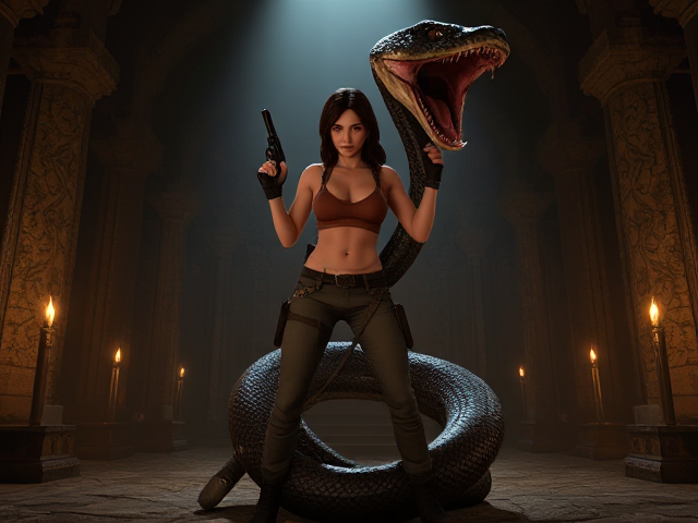 Lara Croft, the iconic video game heroine, standing in a tense and precarious pose at the center of an ancient, dimly lit temple chamber. Her body is coiled by a massive, muscular serpent with scales that glint in the flickering torchlight. The snake's head is raised, its fangs bared as if poised to strike, while its serpentine form wraps tightly around her waist and legs. Lara's expression is a mix of determination and fear as she clutches at the creature's body, her eyes focused and alert. Her iconic outfit - a tight tank top, cargo pants, and sturdy boots - is slightly distressed, revealing her toned physique and hinting at the perils she's faced in this adventure. She has a firm grip on her trusty dual pistols, ready to use them if necessary. The background is filled with intricate, weathered stone carvings and the shadowy outlines of ancient artifacts, suggesting a long-forgotten civilization. The lighting is dramatic, with shadows dancing on the walls and spotlights from the torches highlighting the intense struggle between human and beast. The atmosphere is one of impending danger and suspense, with the air thick with the scent of dust and ancient secrets.