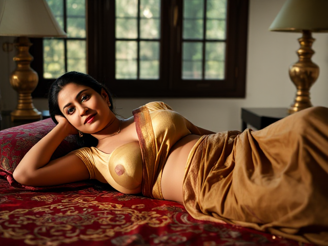 This composition artfully depicts a Malayali woman reclining on a richly adorned bed, her expression serene and contemplative. The scene focuses on her as she lies on her side, with the pallu of her saree having been artfully removed to reveal her beautifully tailored blouse, framing her navel and offering a glimpse of her cleavage in a tasteful manner. The lighting is soft, casting gentle shadows that accentuate the softness of her skin and the texture of the fabric she wears. Surrounding her are elements that reflect a Malayali home, such as brass lamps and intricately designed cushions, while the window in the background allows natural light to filter through, giving the scene a tranquil and inviting feeling that resonates with the culture of Kerala.