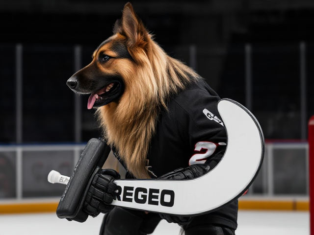 A anthropomorphic long haired German shepherd wearing hockey goalie pads glove and blocker