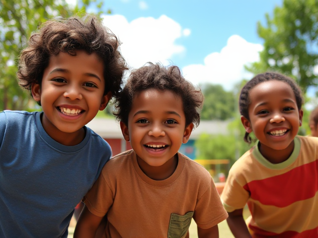 cour de récréation d'une école primaire avec des enfants afro-américains âgés de 8 ans, en train de jouer joyeusement, sous un ciel ensoleillé, entourés de verdure et structures de jeux colorées