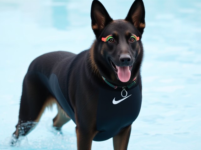 A tall Anthropomorphic black German shepherd wearing a Nike swimsuit and swimming goggles