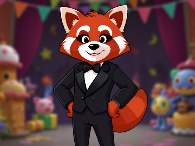 Cartoon red panda character in a stylish black tuxedo jacket, without pants, standing confidently, surrounded by a playful and vibrant background