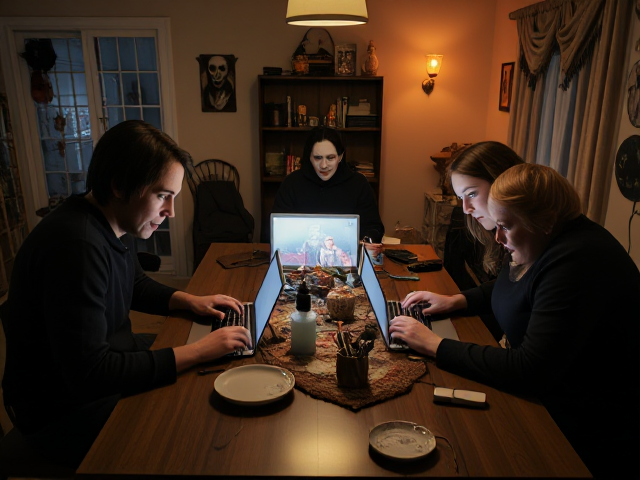 iconic horror character, angry, sitting at home together around a table, using laptops and phones to search for new victims, there home is very scary with lots of halloween decorations
