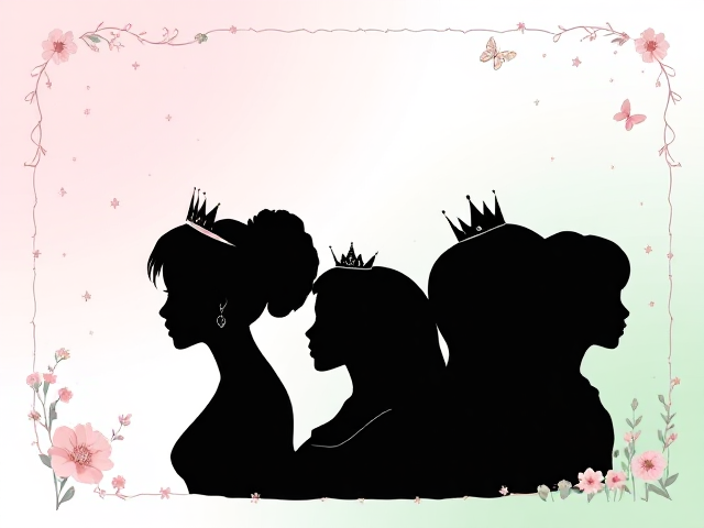 Design a magical first page for a journal intended for girls, featuring a soft pastel background that transitions from light pink at the top to mint green at the bottom. Include a decorative border adorned with delicate, lightly sketched flowers, whimsical stars, playful butterflies, and scattered sparkles that evoke a sense of wonder. In the center of the page, feature elegant silhouettes of diverse girls wearing crowns, celebrating individuality and empowerment. These silhouettes should be artistically integrated into the design, adding a touch of royalty and inspiration. Ensure there’s ample clear space for an inspiring quote or title, making the overall layout versatile for various journal themes. The edges should be soft and inviting, creating a warm atmosphere that encourages creativity and positivity."