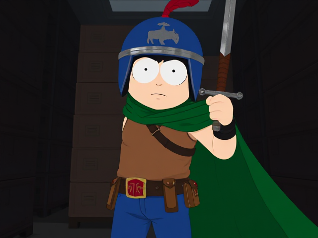 South Park movie scene: Stan Marsh from South Park, light skin and black hair, but as a 14-Year Old teenager with a slightly muscular body, wearing a light brown tank top, a black belt with brown pouches and a red buckle adorned with a castle emblem, with a few pouches and the scabbard for his sword attached to it, blue jeans, steel armored boots, jeweled wrist cuffs, a really big, heel-length, ultra-wide green cape held up by two silver buttons with red jewels tethered by a strong wire connecting them both, and a blue helmet with one silhouetted buffalo head emblem on both sides, outlined by silver steel rims lined around and across the top, with a really long red feather sticking out at the top. He is now known as Sir Marsh. Despite still being a young teenage kid, he is the Youngest Commander of the Zaronian Army, and one of the youngest and greatest heroes hailing from South Park, Colorado, but now reborn as the real life Kingdom of Kupa Keep, Zaron. In this scene, the young teenage hero is currently finding himself in a dark factory where he hides behind a large stack of crates, beginning his infiltration into the villain's lair. With his legendary enchanted sword, the Slashing Blade Of The Ranger, being held in his hand, Sir Marsh begins to think of a way to sneak in and strike his enemies without being detected.