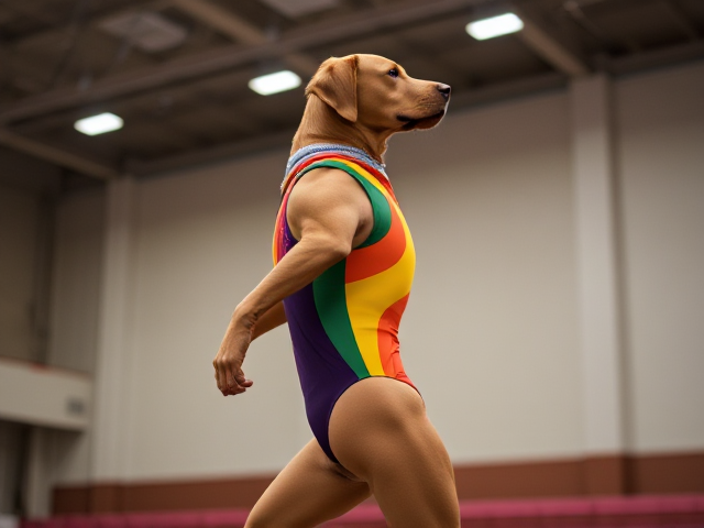 Anthropomorphic Labrador retriever with muscular hips, wearing a colorful gymnastics leotard, performing in a well-lit gymnasium setting